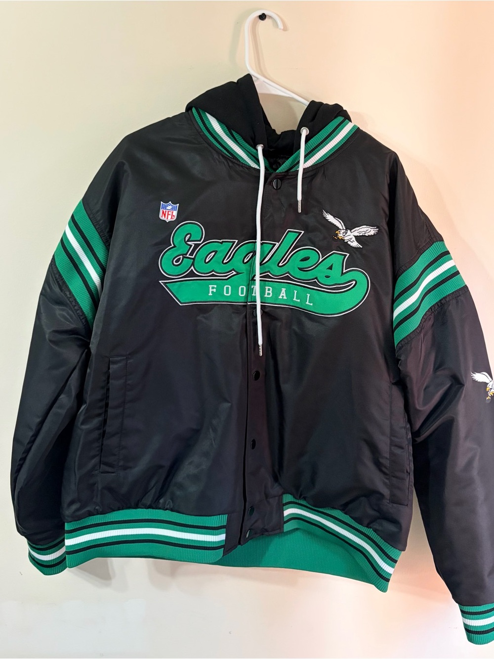 NFL Black and Green Eagles Football Hooded Varsity Jacket